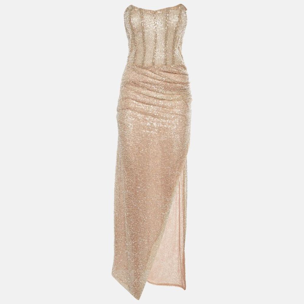 Penna Beige Bead Embellished Sequins Ruched Slit Maxi Dress S